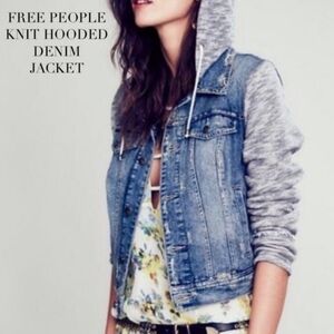 FREE PEOPLE Grey KNIT HOODED Blue Jean DENIM JACKET Women's XS 100% Cotton EUC